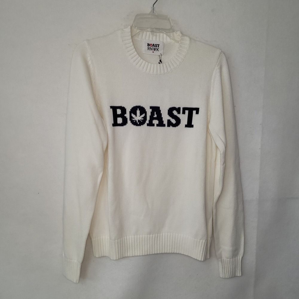BOAST x RNWK White Cotton Intarsia Logo Sweater Womens M Rib Trim New‎ *Flaw